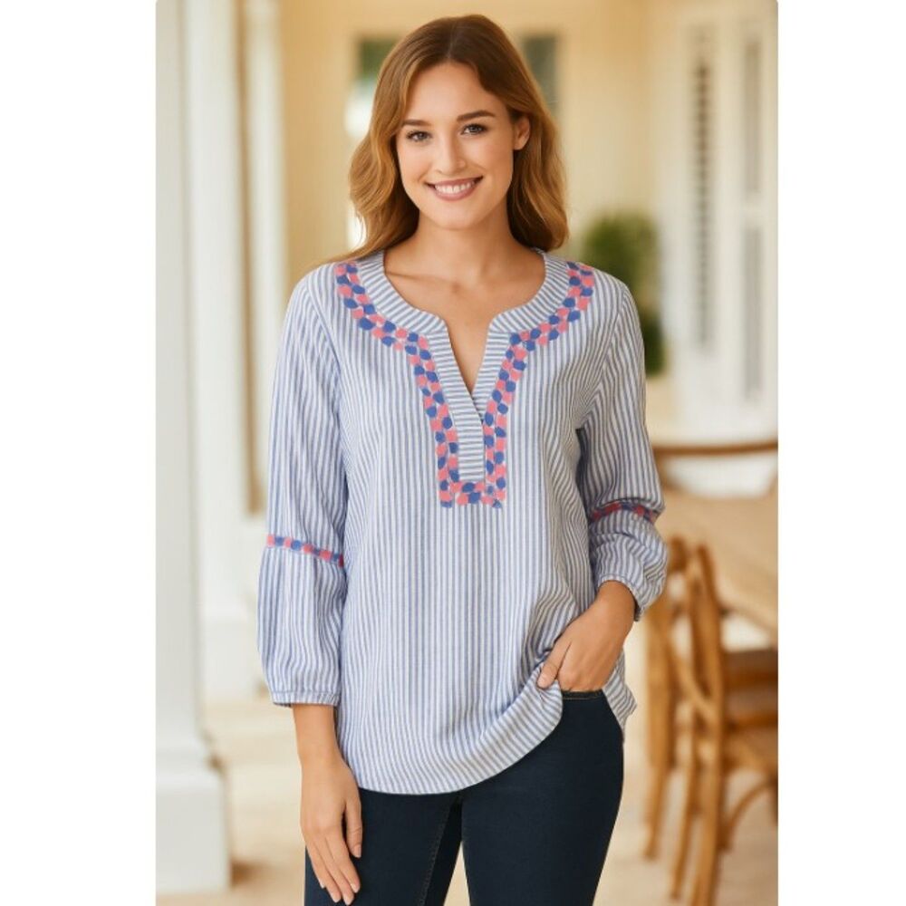 Vineyard Vines Savannah Popover Top Blue Striped Embroidered Womens Size M